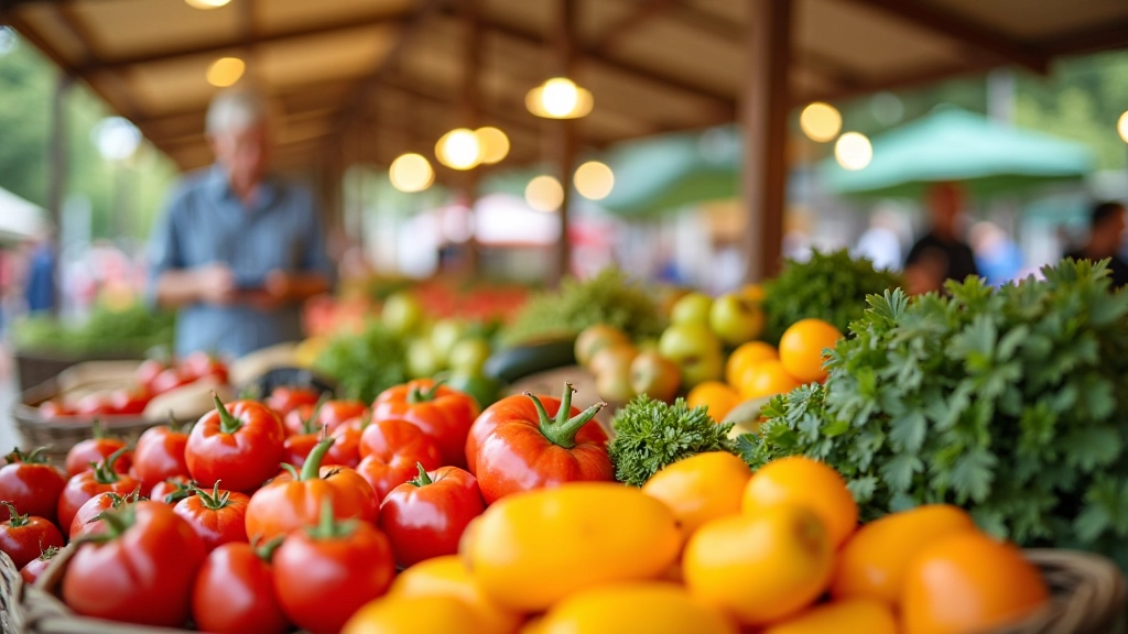 Marché fermier avec étals de fruits et légumes frais, symbole de l'achat malin et durable