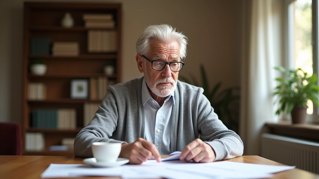 Retraité consultando documentos financeiros en su escritorio con calculadora