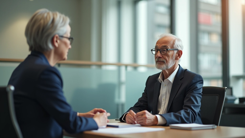 Personne âgée dans une agence de sécurité sociale en consultation avec un conseiller