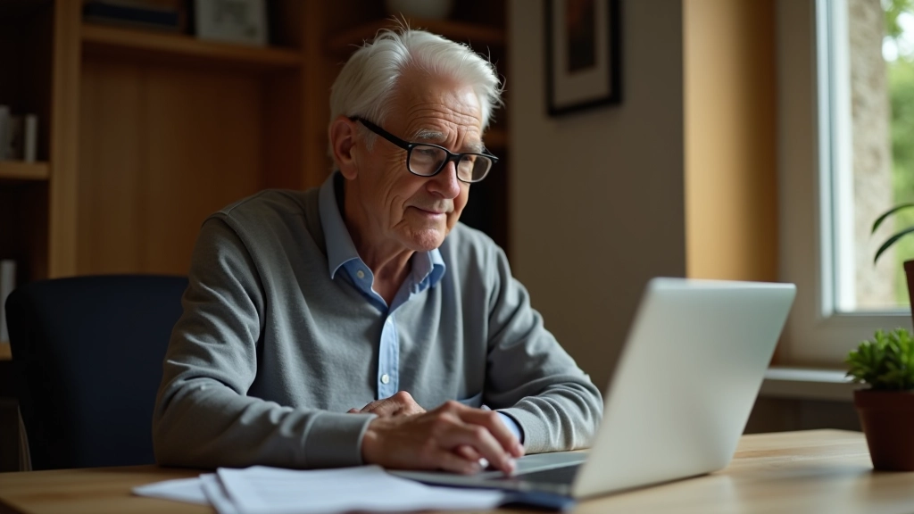 Personne âgée travaillant sur un ordinateur portable avec des documents financiers sur le bureau