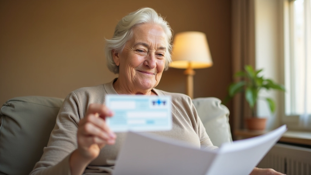 Femme âgée examinant une carte d'assurance maladie complémentaire