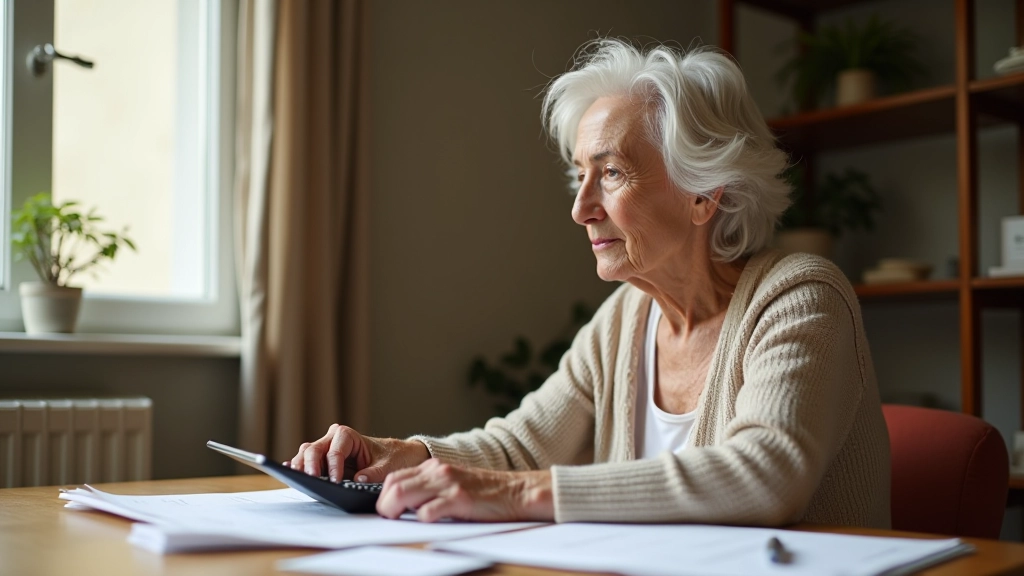 Femme âgée consultant ses documents de retraite à la maison