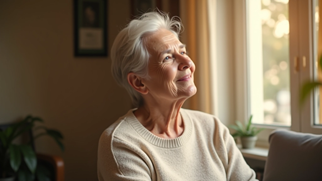 Femme âgée regardant sereinement par la fenêtre