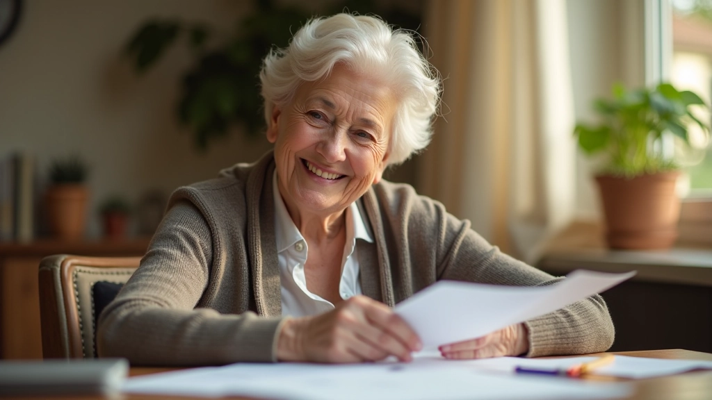 Femme âgée heureuse consultant ses documents financiers de retraite