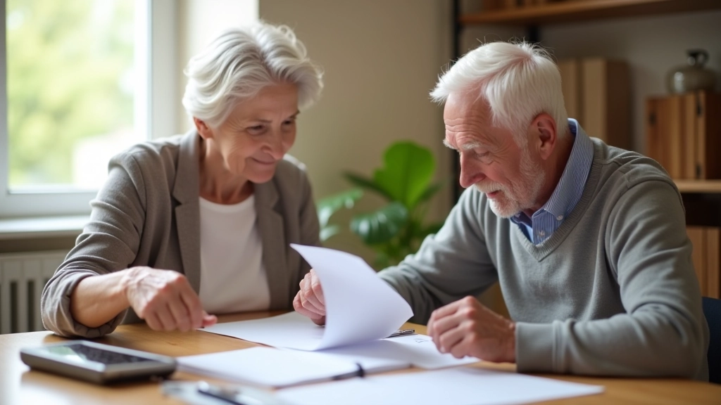 Personnes âgées consultant ensemble des documents administratifs pour vérifier leur éligibilité